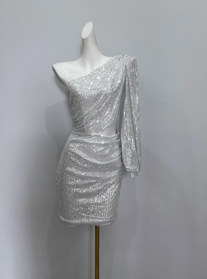 Shiny Homecoming Dress Asymmetrical Neck Short Prom Dress Birthday Party Dress Cocktail Dress       D3614