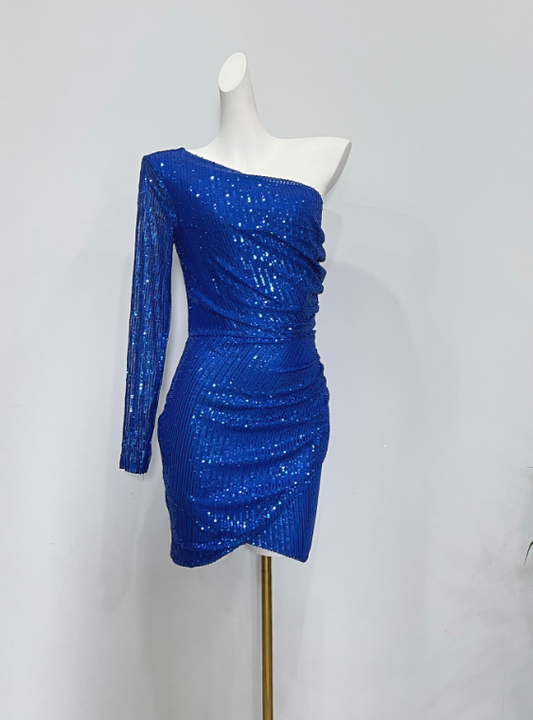 Shiny Homecoming Dress Blue Asymmetrical Neck Pleated Short Prom Dress Cocktail Dress       D3618