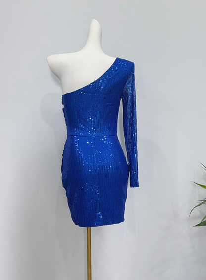 Shiny Homecoming Dress Blue Asymmetrical Neck Pleated Short Prom Dress Cocktail Dress       D3618