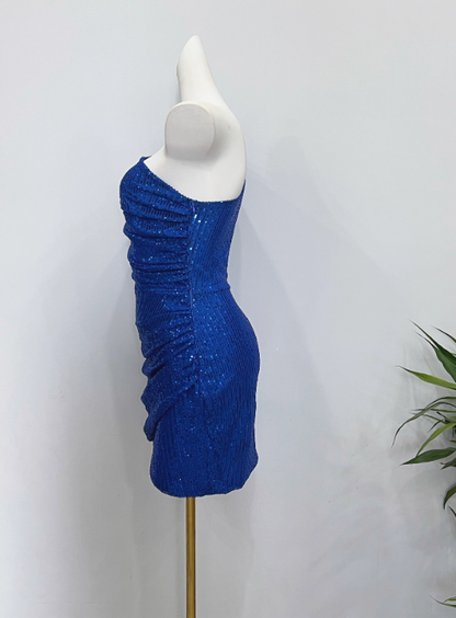 Shiny Homecoming Dress Blue Asymmetrical Neck Pleated Short Prom Dress Cocktail Dress       D3618