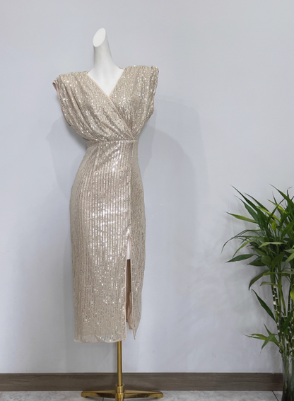 Shiny Prom Dress V-neck Slit Evening Dress Cocktail Dress Gala Dress       D3619