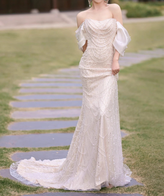Shiny Wedding Dress Off Shoulder Sequins Wedding Dress  D3627
