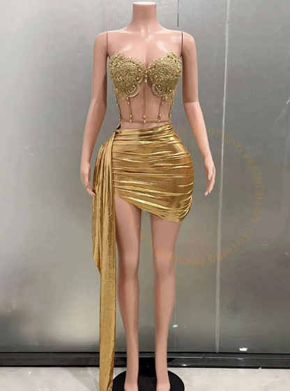 Sexy Homecoming Dress Gold Sweetheart Pleated Short Prom Dress Cocktail Dress Birthday Party Dress   D3654