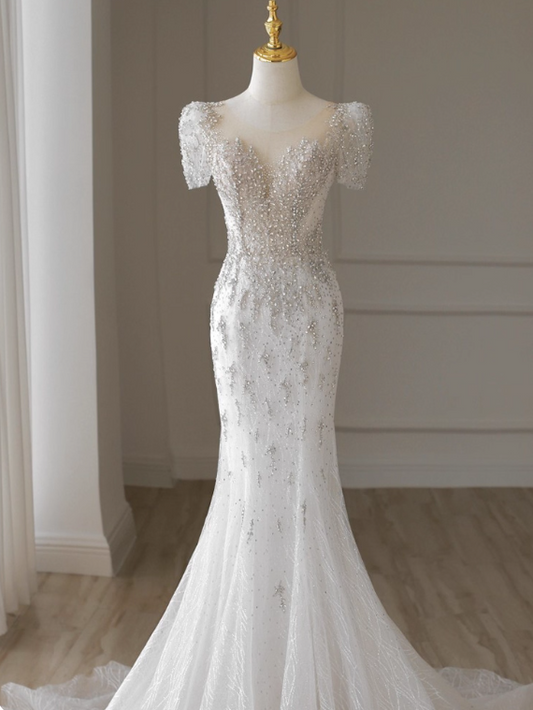 Luxury Wedding Dress Crew Neck Mermaid Wedding Dress  D3657
