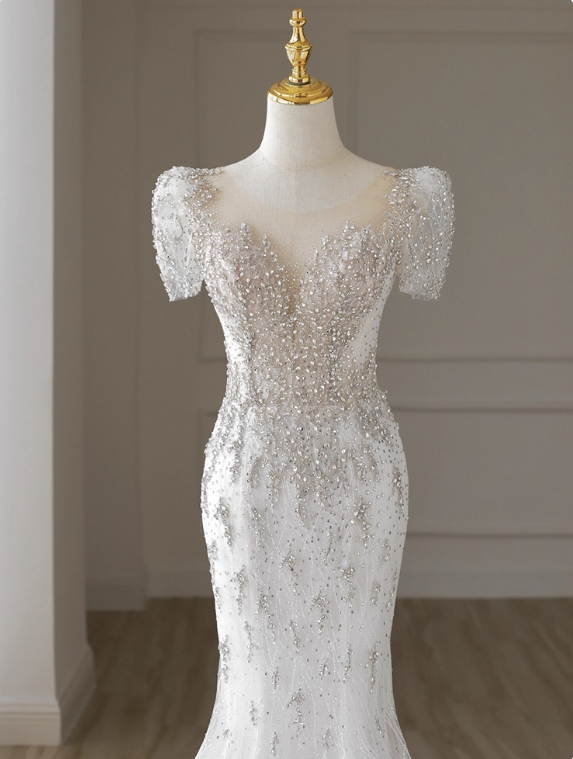 Luxury Wedding Dress Crew Neck Mermaid Wedding Dress  D3657