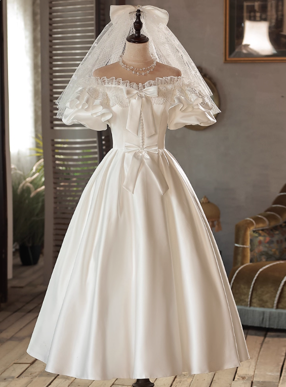 Retro Wedding Dress Off Shoulder Pleated BowKnot Wedding Dress D3685