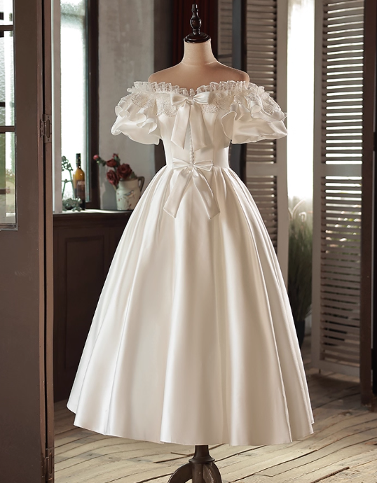 Retro Wedding Dress Off Shoulder Pleated BowKnot Wedding Dress D3685
