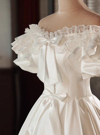 Retro Wedding Dress Off Shoulder Pleated BowKnot Wedding Dress D3685