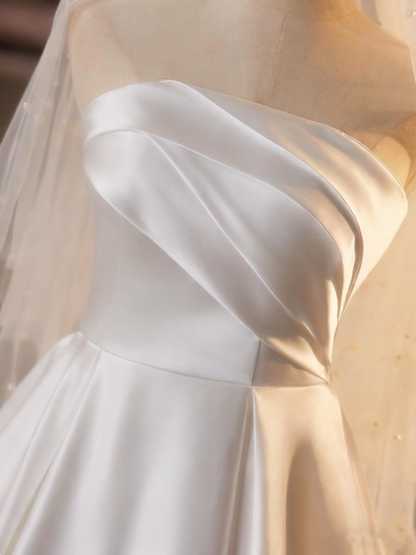 Minimalist Wedding Dress A Line Strapless Pleated Wedding Dress  D3686