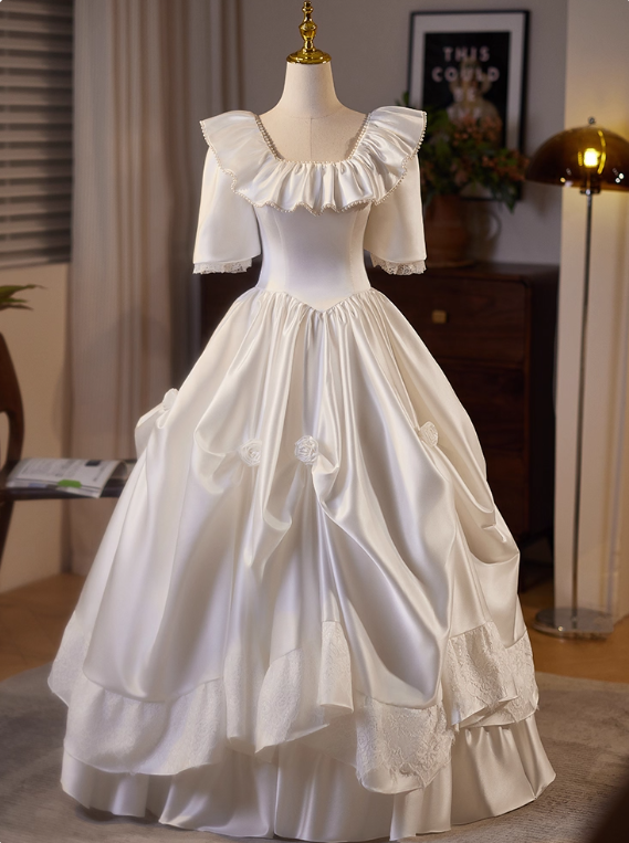 Retro Wedding Dress Square Neck Pleated Wedding Dress  D3687