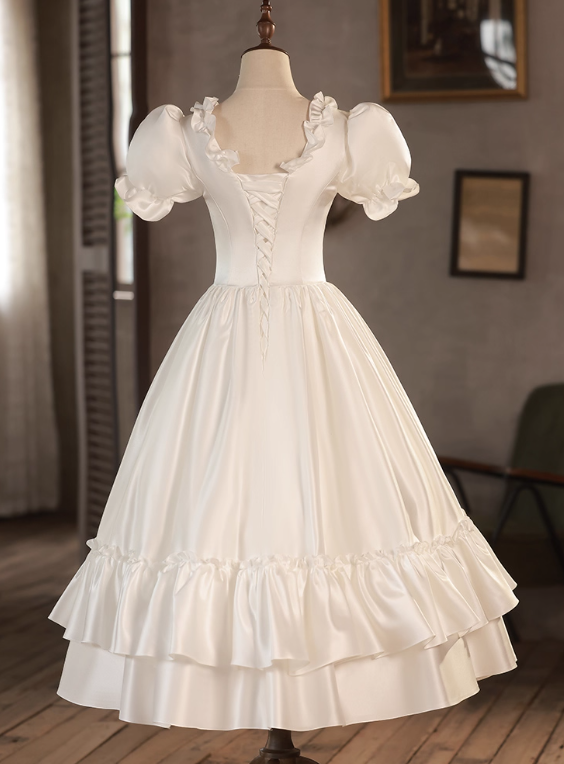 Retro Wedding Dress Crew Neck Pleated Wedding Dress  D3689