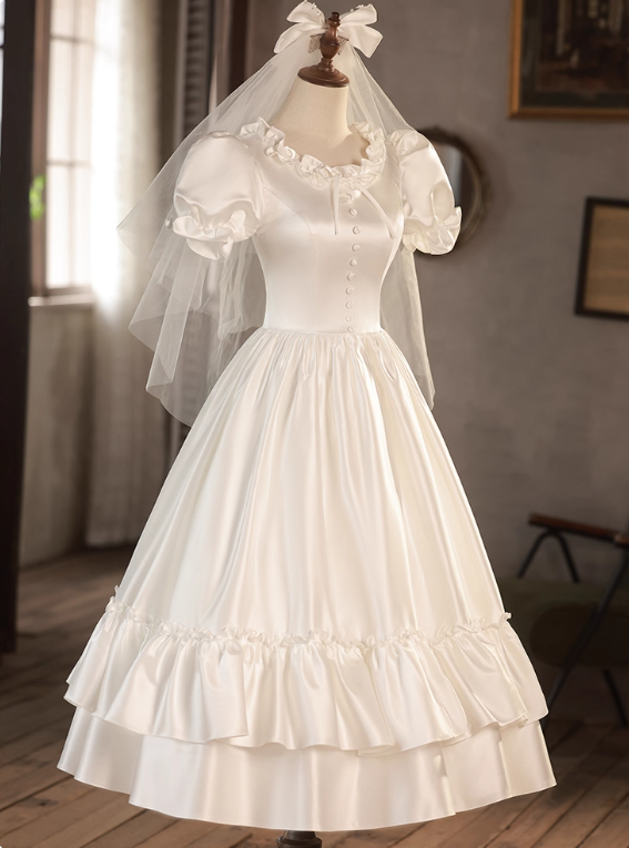 Retro Wedding Dress Crew Neck Pleated Wedding Dress  D3689