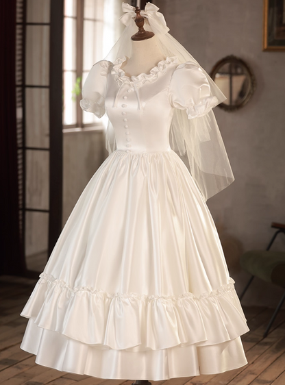 Retro Wedding Dress Crew Neck Pleated Wedding Dress  D3689