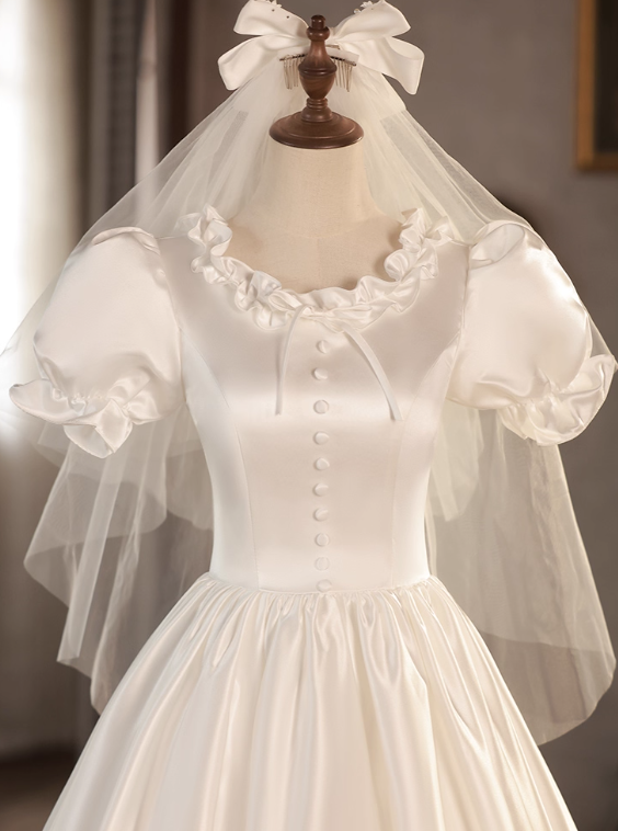 Retro Wedding Dress Crew Neck Pleated Wedding Dress  D3689