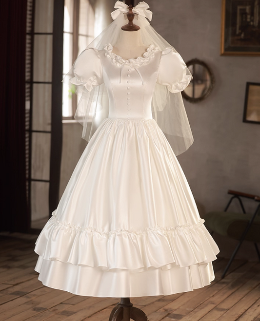 Retro Wedding Dress Crew Neck Pleated Wedding Dress  D3689