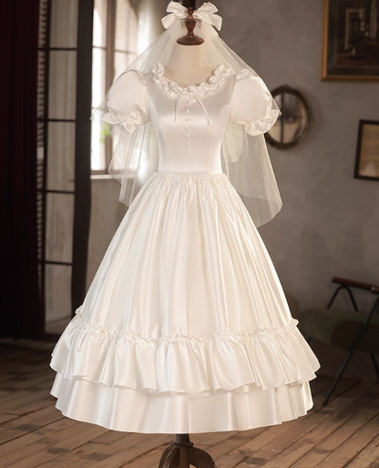 Retro Wedding Dress Crew Neck Pleated Wedding Dress  D3689