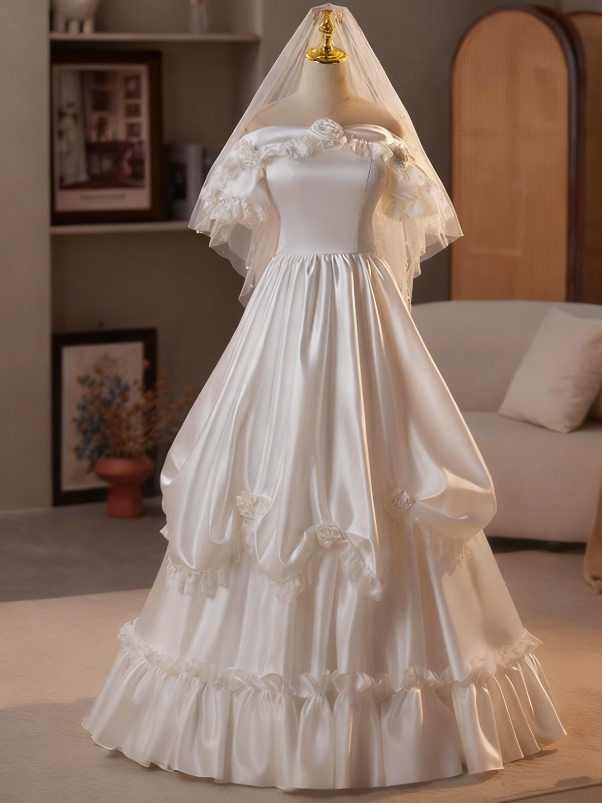 Retro Wedding Dress Off Shoulder Pleated Wedding Dress  D3690
