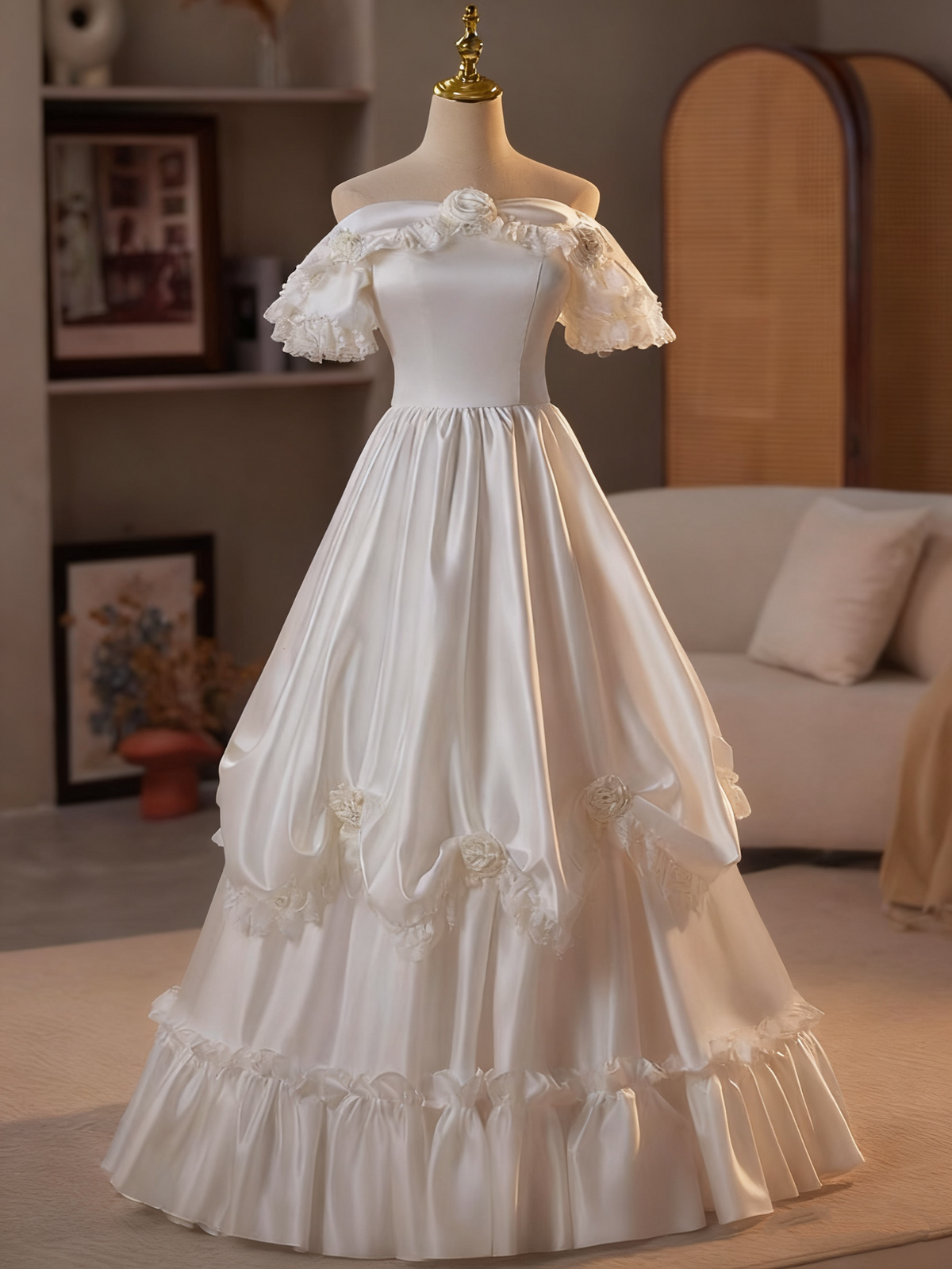 Retro Wedding Dress Off Shoulder Pleated Wedding Dress  D3690
