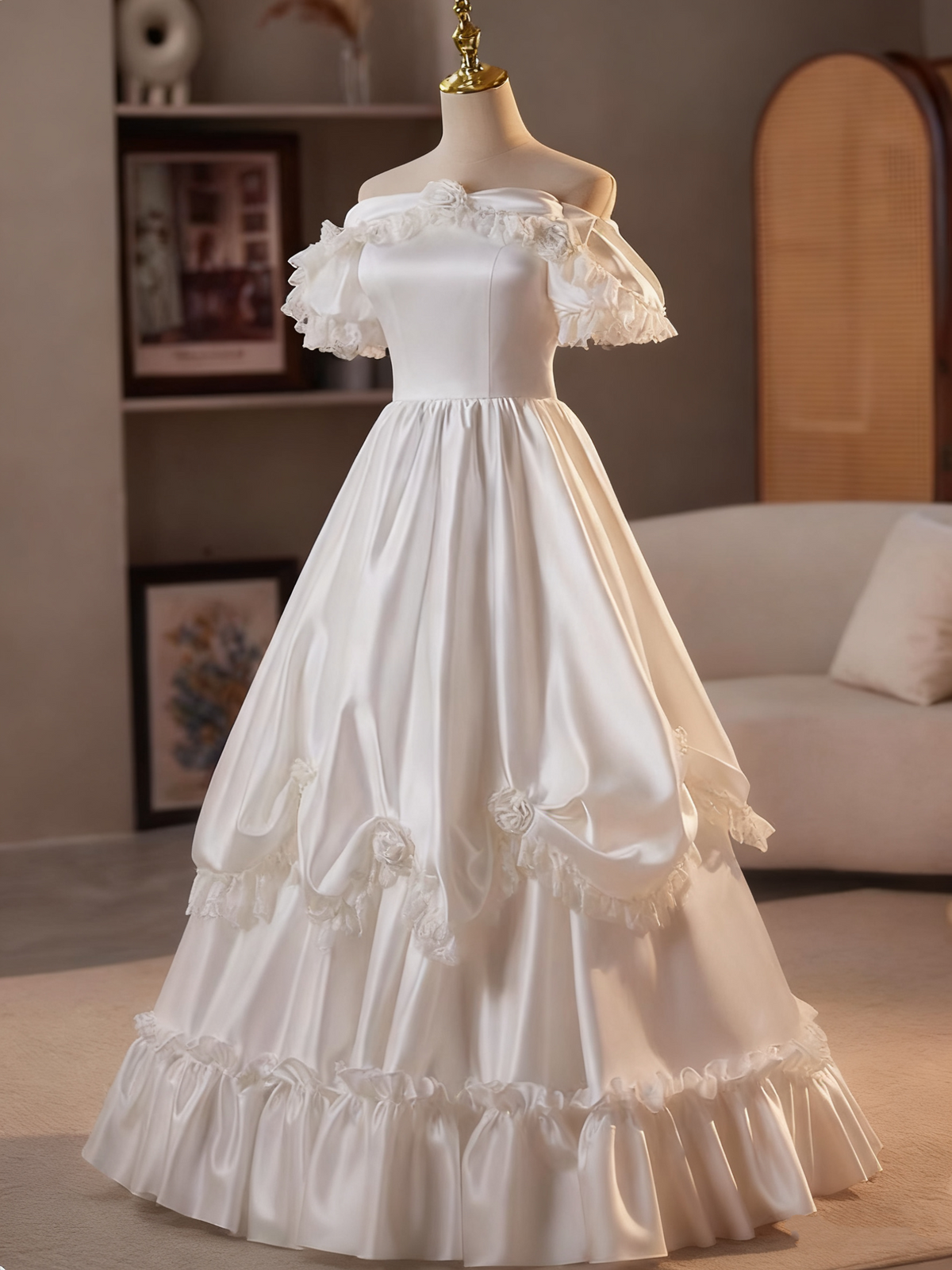 Retro Wedding Dress Off Shoulder Pleated Wedding Dress  D3690