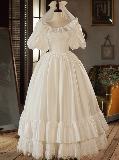 Retro Wedding Dress Crew Neck Pleated Lace Wedding Dress  D3698