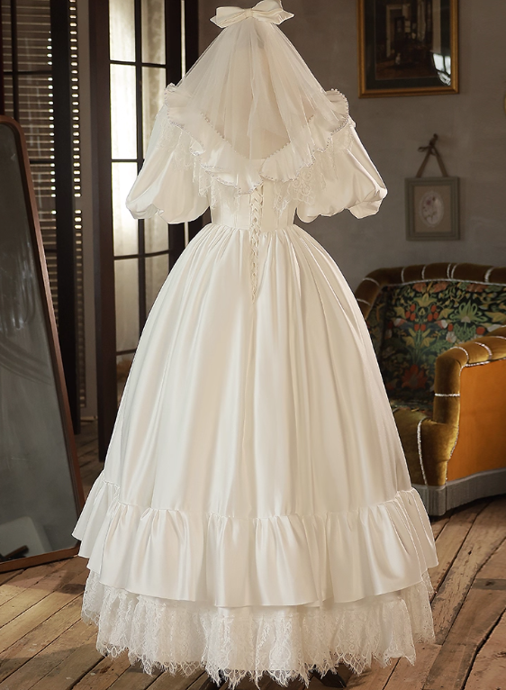 Retro Wedding Dress Crew Neck Pleated Lace Wedding Dress  D3698