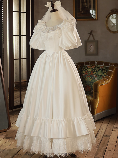 Retro Wedding Dress Crew Neck Pleated Lace Wedding Dress  D3698
