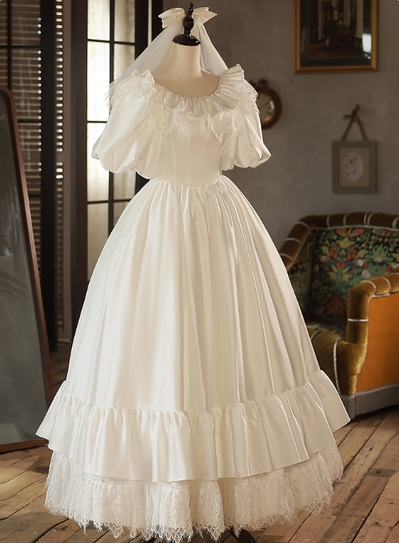 Retro Wedding Dress Crew Neck Pleated Lace Wedding Dress  D3698