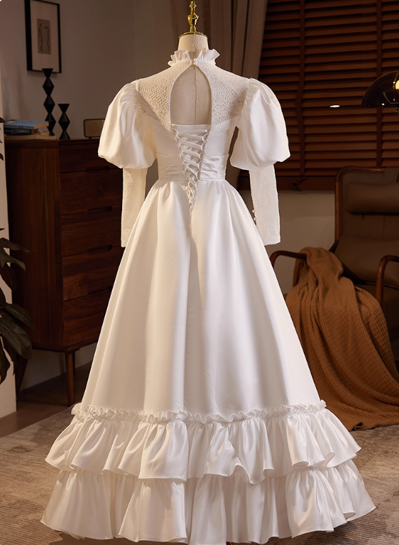Retro Wedding Dress Long Sleeve Pleated Wedding Dress  D3704