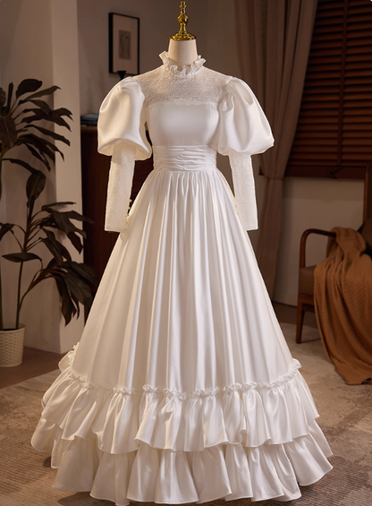 Retro Wedding Dress Long Sleeve Pleated Wedding Dress  D3704
