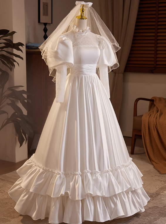 Retro Wedding Dress Long Sleeve Pleated Wedding Dress  D3704