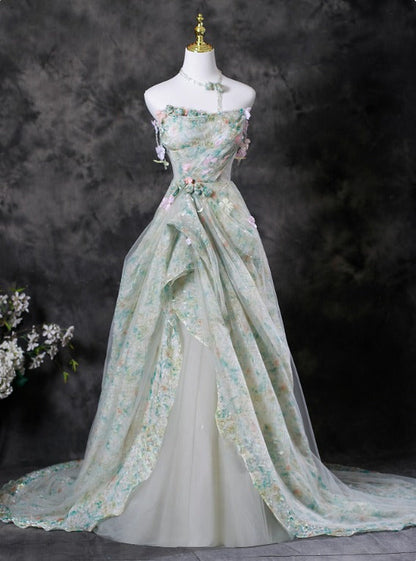 Charming Prom Dress Strapless Pleated Print Evening Dress Gala Dress    D3707