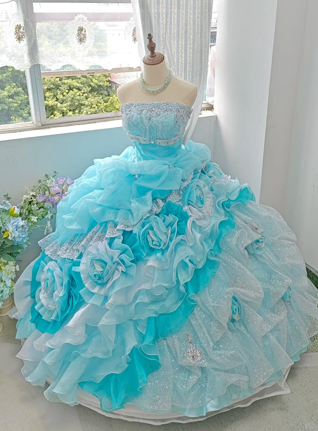 Popular Prom Dress Strapless Tiered Ruffle Ball Gown Quinceanera Dress    D3710