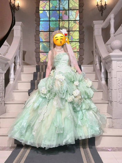New Arrival Prom Dress Strapless Tulle Flower Ball Gown Sweet 16 Dress    D3711