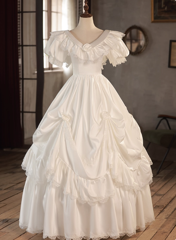 Retro Wedding Dress V-neck Lace Pleated Wedding Dress  D3726