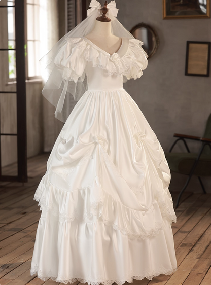 Retro Wedding Dress V-neck Lace Pleated Wedding Dress  D3726