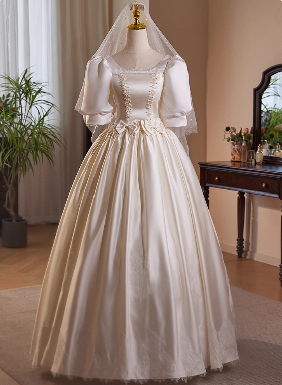 Retro Wedding Dress Crew Neck Pleated Wedding Dress  D3729