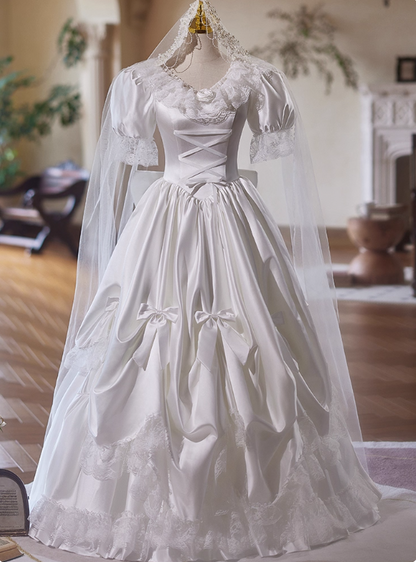 Retro Wedding Dress V-neck Pleated Lace Bowknot Wedding Dress  D3738