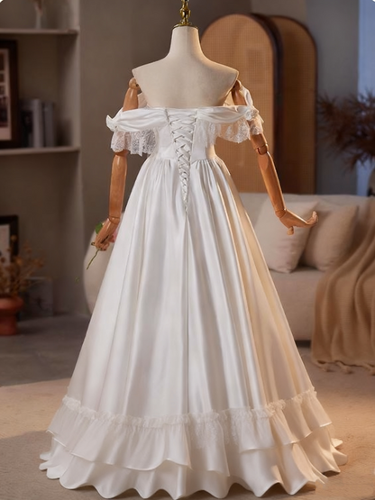 Retro Wedding Dress Off Shoulder Lace Pleated Wedding Dress  D3748