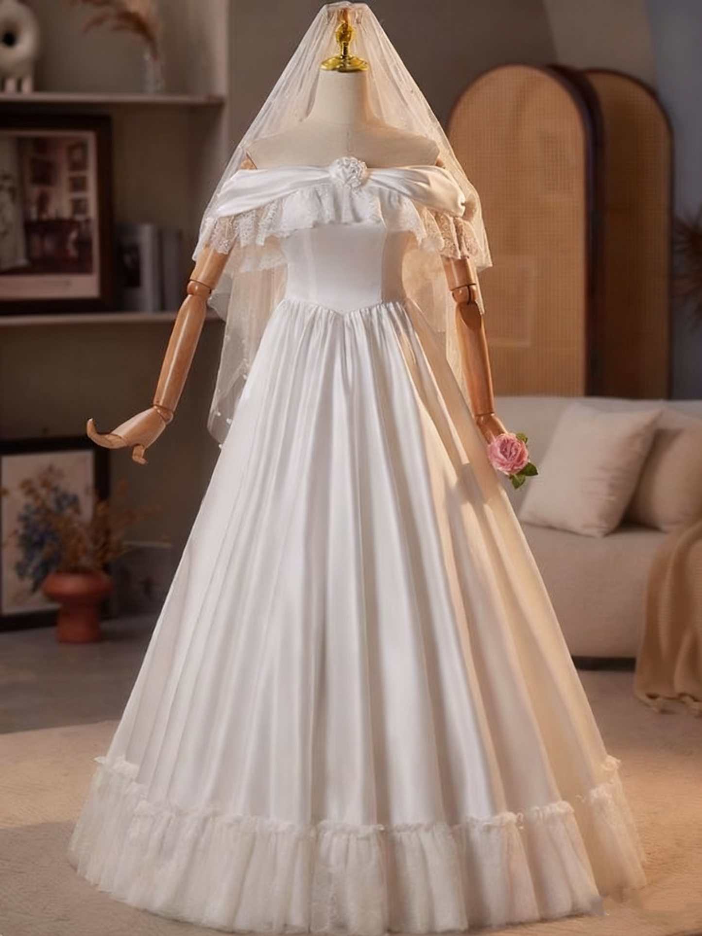 Retro Wedding Dress Off Shoulder Lace Pleated Wedding Dress  D3748