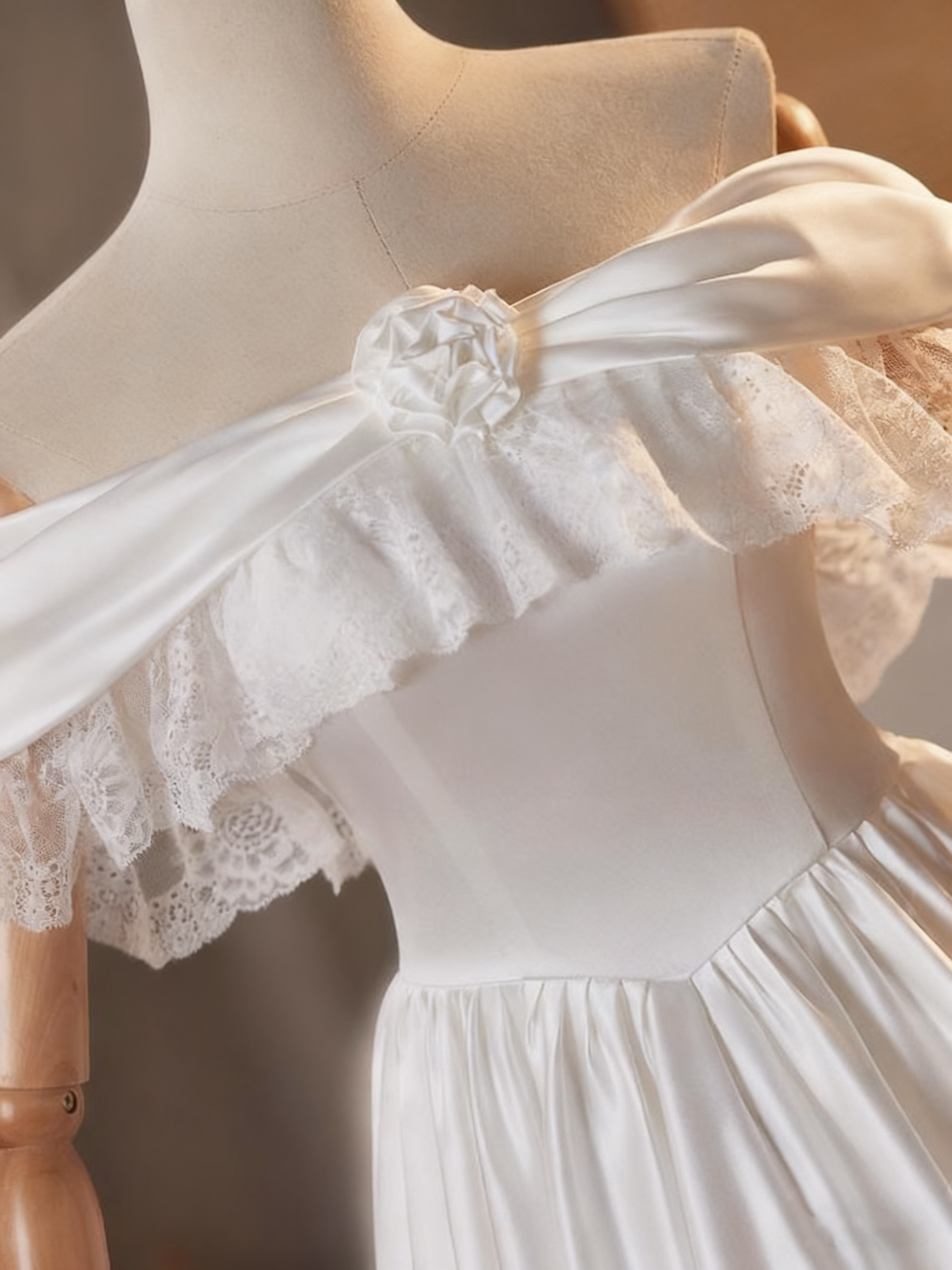 Retro Wedding Dress Off Shoulder Lace Pleated Wedding Dress  D3748