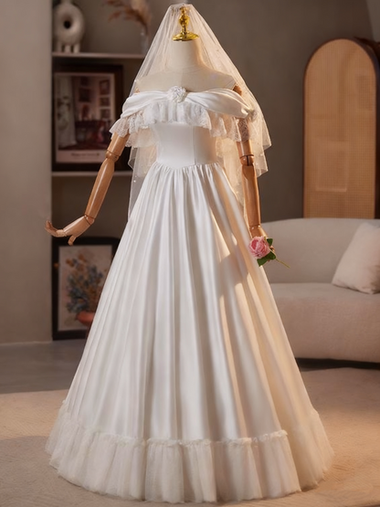 Retro Wedding Dress Off Shoulder Lace Pleated Wedding Dress  D3748