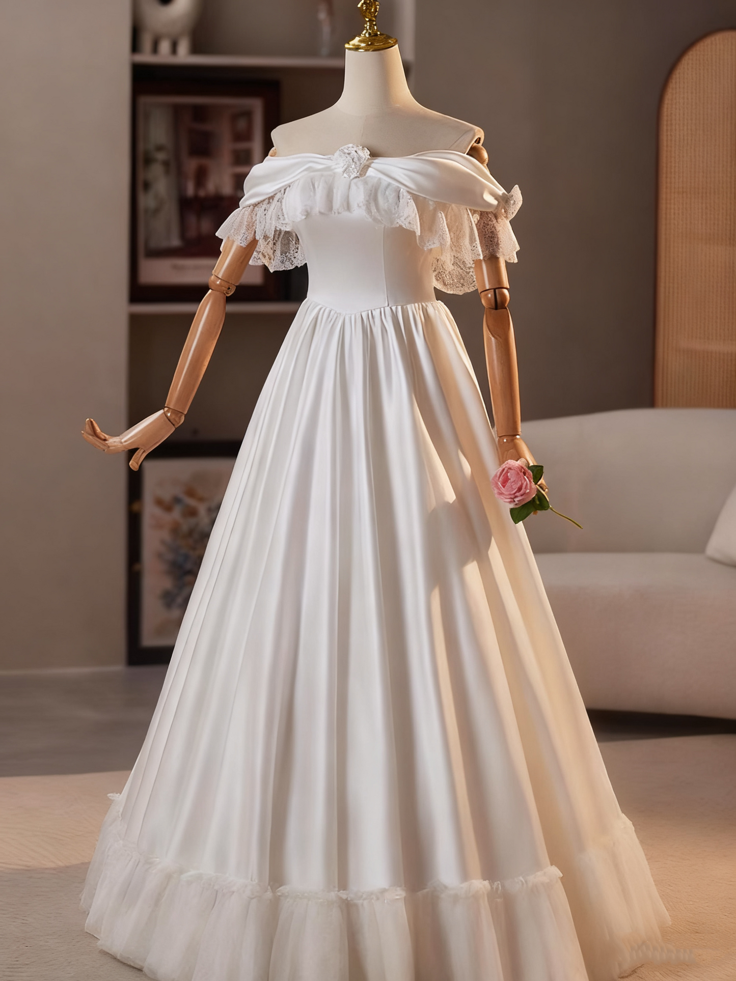 Retro Wedding Dress Off Shoulder Lace Pleated Wedding Dress  D3748