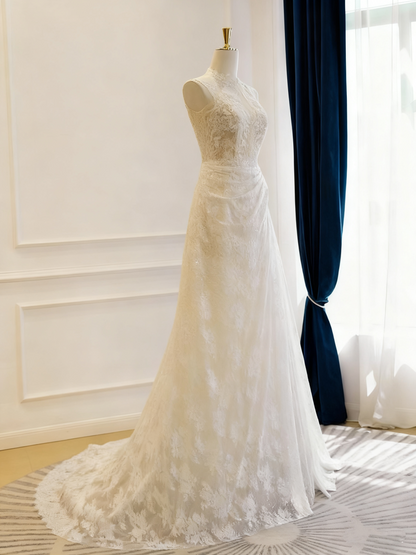 Charming Wedding Dress Crew Neck Lace Pleated Wedding Dress  D3777