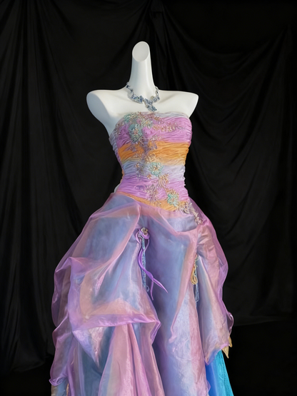 Colorful Prom Dress Strapless Pleated Evening Dress Quinceanera Dress Birthday Outfits   D3801