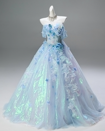 Shiny Prom Dress Off Shoulder Pleated Ruffle Ball Gown Quinceanera Dress Evening Dress     D3851