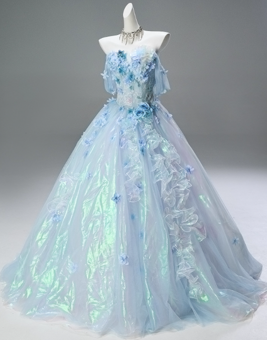 Shiny Prom Dress Off Shoulder Pleated Ruffle Ball Gown Quinceanera Dress Evening Dress     D3851