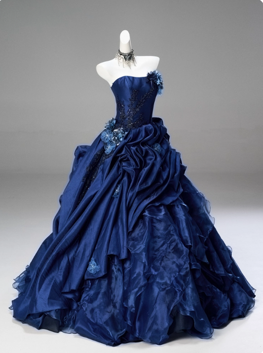 Gorgeous Prom Dress Dark Blue Strapless Pleated Ball Gown Quinceanera Dress Evening Dress     D3853