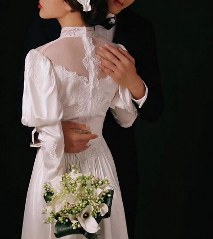 Retro Wedding Dress High Collar Pleated Wedding Dresss  D3869