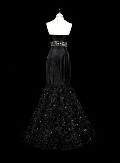 Beauty Prom Dress Black Strapless Pleated Mermaid Evening Dress Gala Dress   D3870