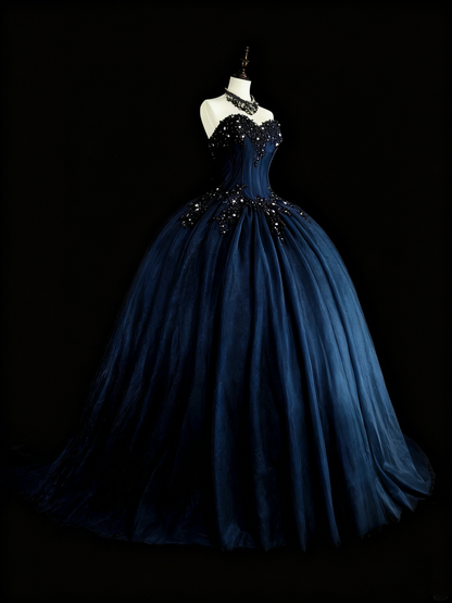 Charming Prom Dress Dark Blue Sweetheart Pleated Ball Gown Evening Dress Sweet 16 Outfits    D3879